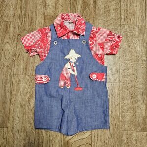 Vtg 70s Merry Mites Overalls & Bandana Shirt Set 9M Embroidered Farmer Barnyard